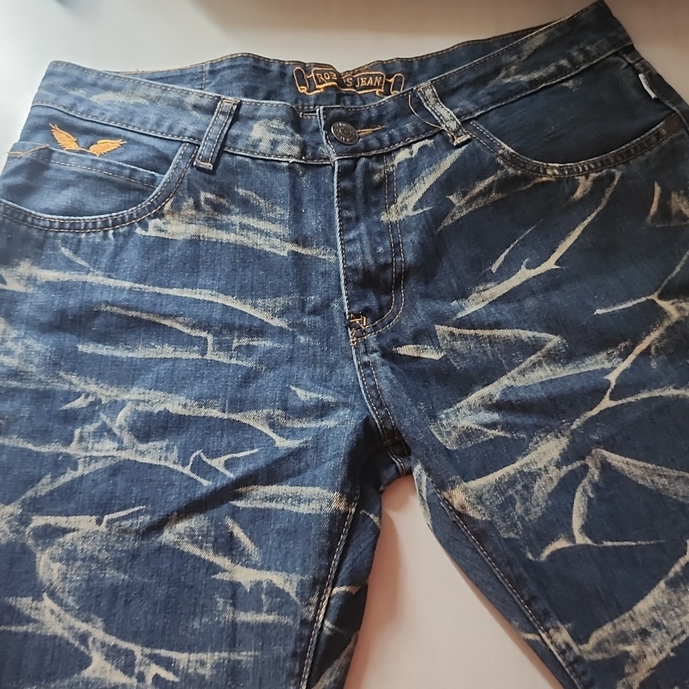 Robin's Jean Distressed Blue and Cream Straight Jeans